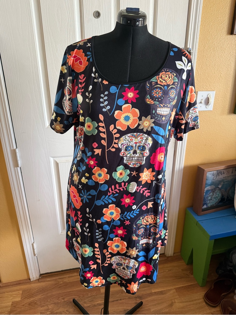 Black Floral Day of the Dead Sugar Skull Tunic Dress